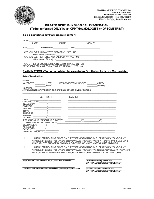 Form BPR-0009-665 Dilated Ophthalmological Examination - Florida