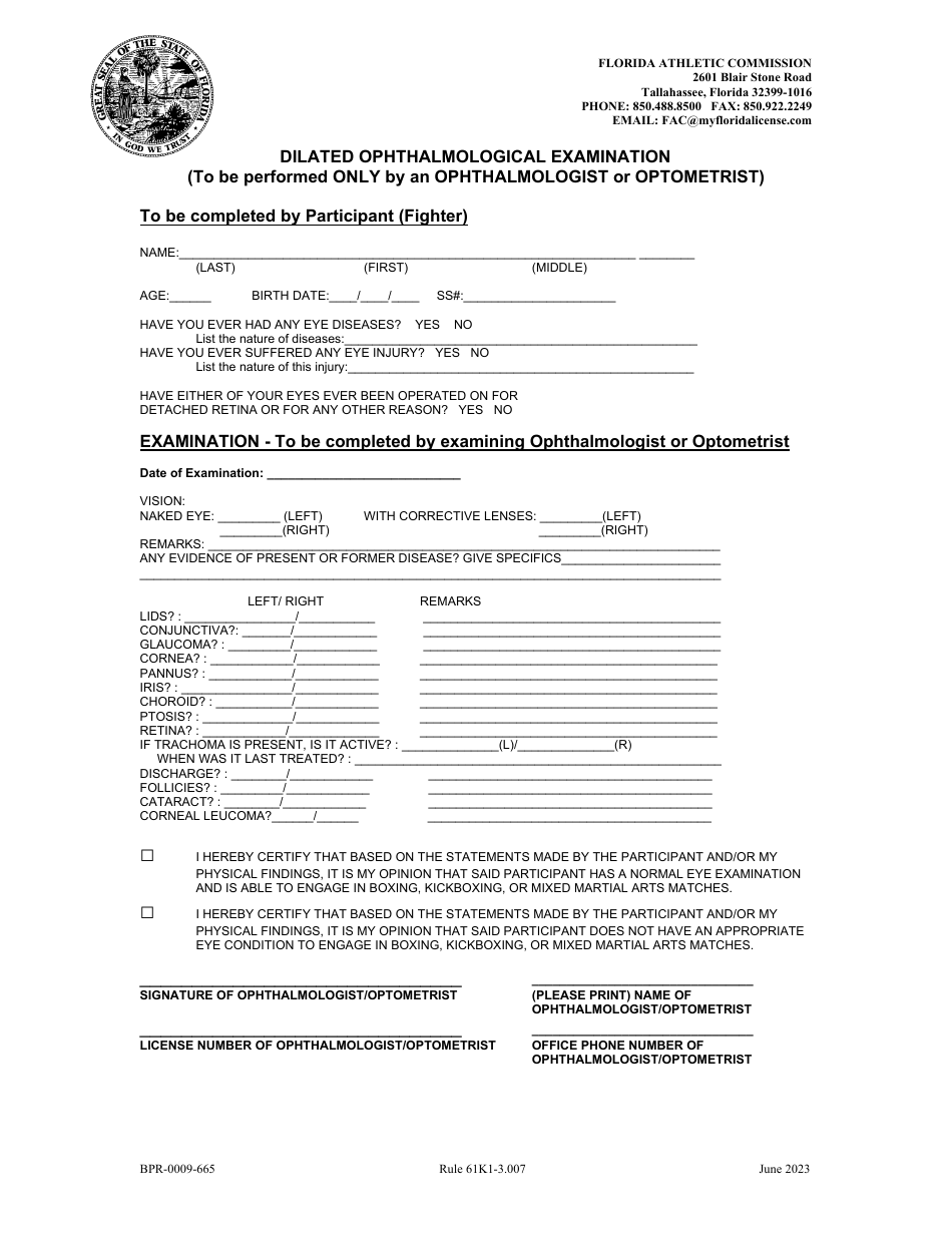 Form BPR-0009-665 Dilated Ophthalmological Examination - Florida, Page 1