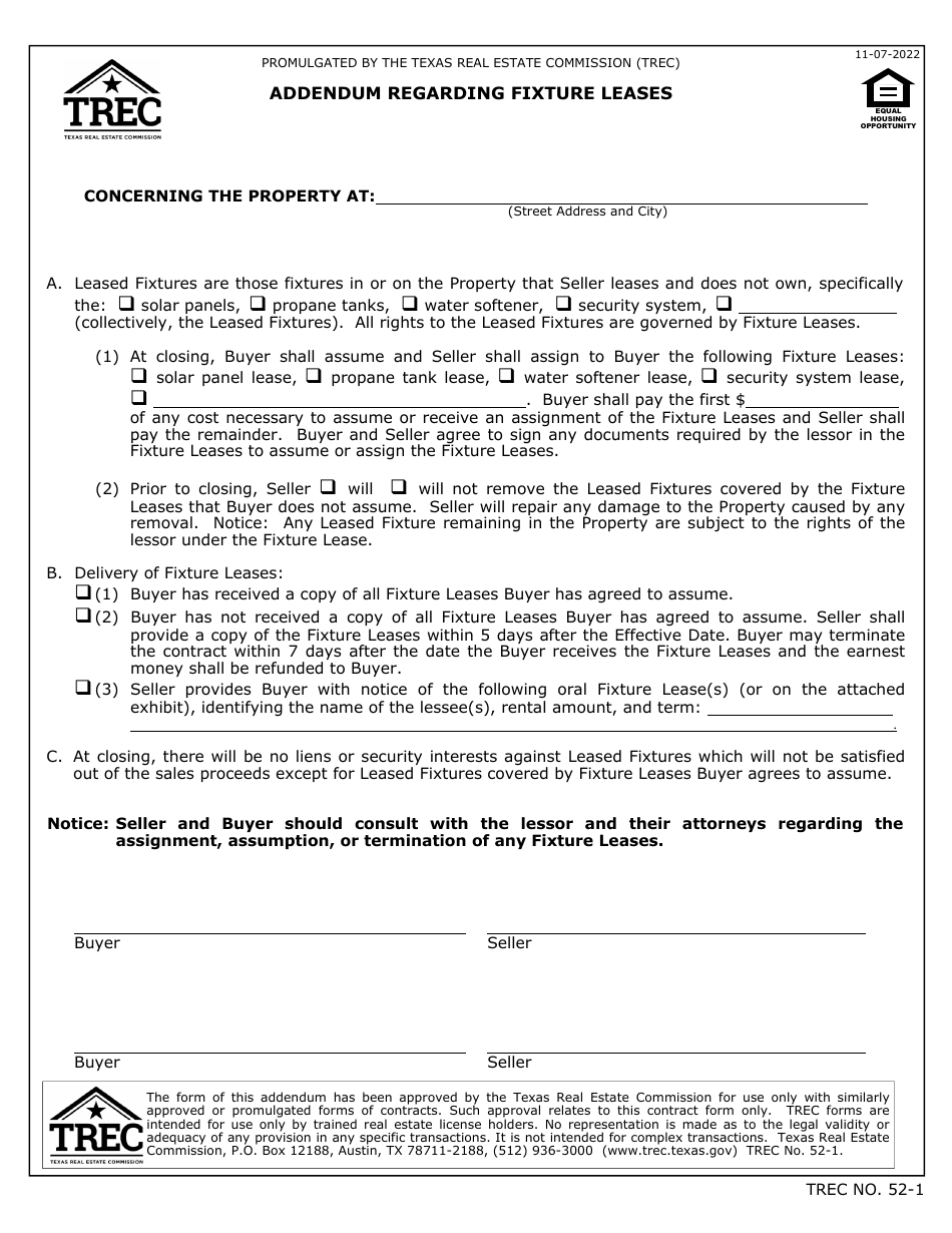 TREC Form 52-1 Addendum Regarding Fixture Leases - Texas, Page 1