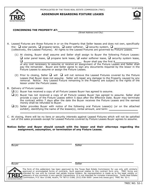 TREC Form 52-1 Addendum Regarding Fixture Leases - Texas