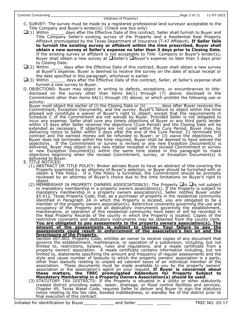 TREC Form 20-17 One to Four Family Residential Contract (Resale) - Texas, Page 3