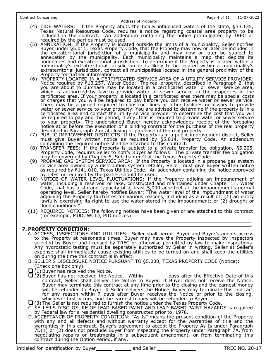 TREC Form 20-17 One to Four Family Residential Contract (Resale) - Texas, Page 4