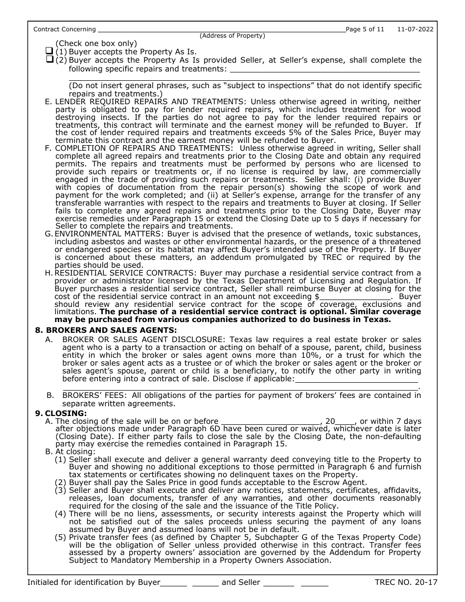 TREC Form 20-17 One to Four Family Residential Contract (Resale) - Texas, Page 5