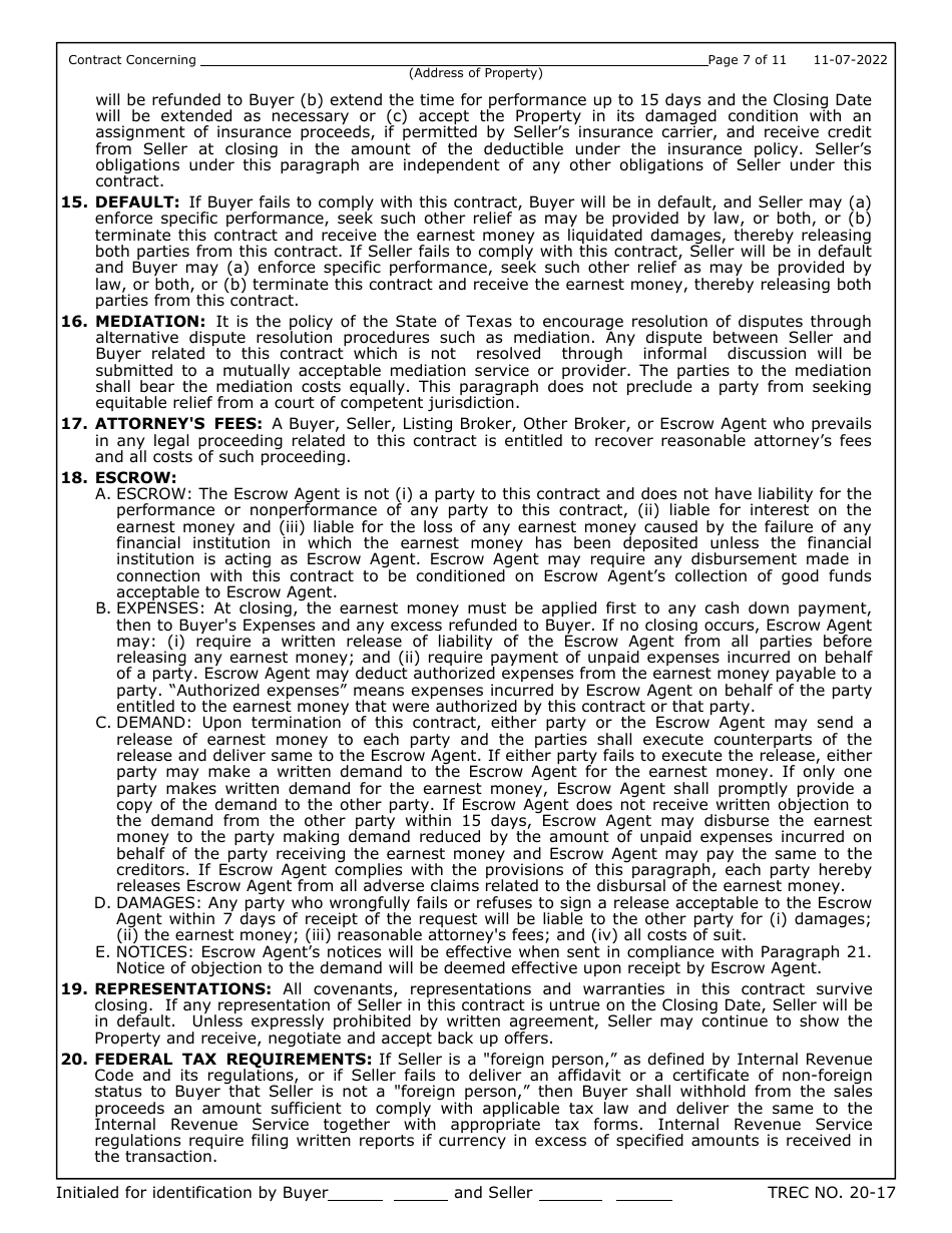 TREC Form 20-17 One to Four Family Residential Contract (Resale) - Texas, Page 7