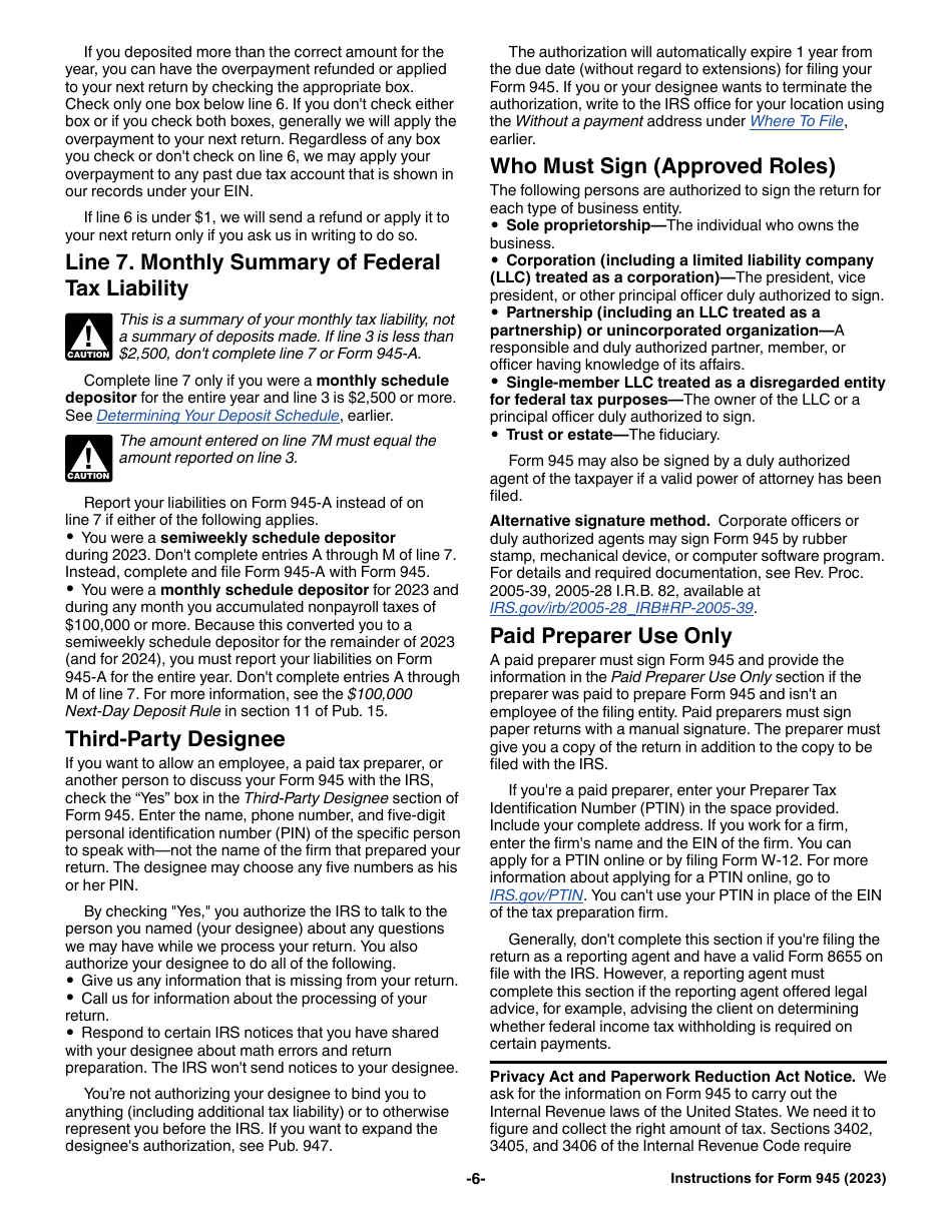 Download Instructions for IRS Form 945 Annual Return of Withheld ...