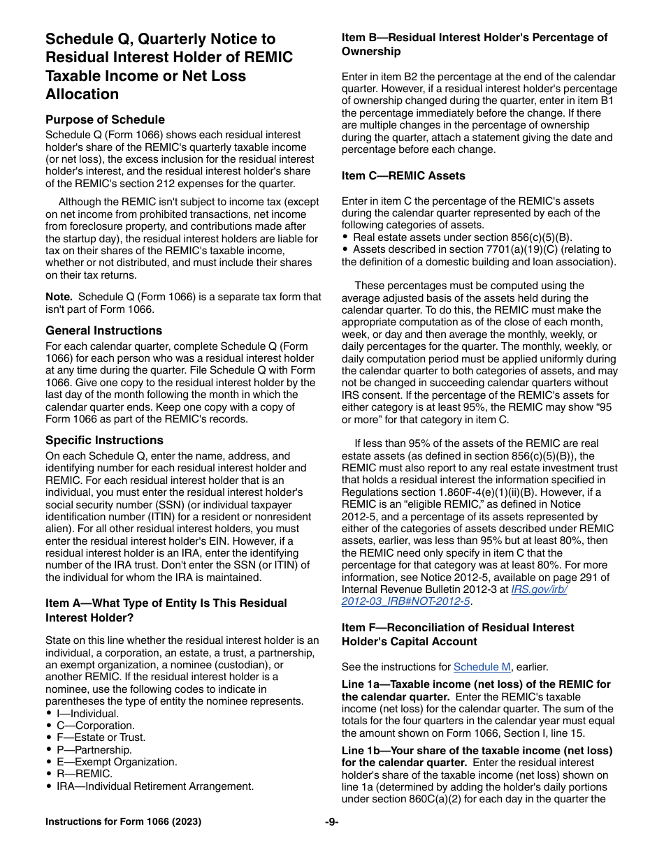 Instructions for IRS Form 1066 U.S. Real Estate Mortgage Investment Conduit (REMIC) Income Tax Return, Page 9