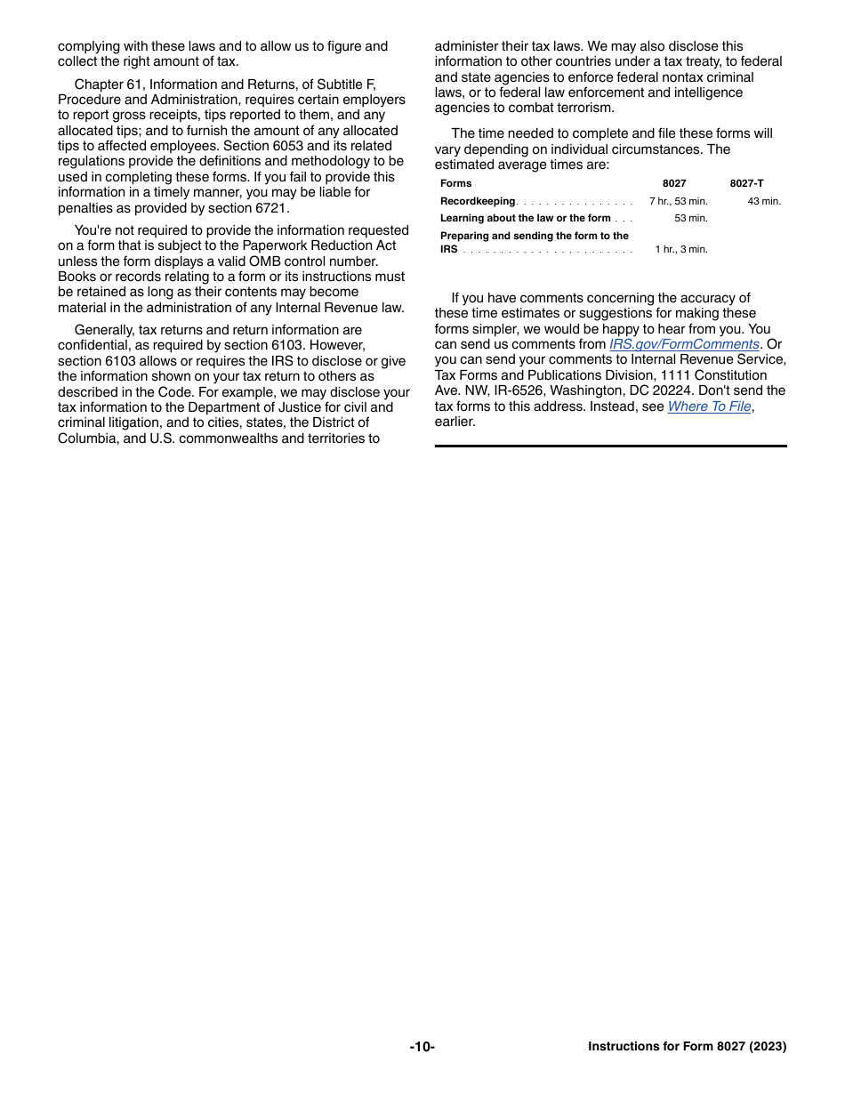Instructions for IRS Form 8027 Employers Annual Information Return of Tip Income and Allocated Tips, Page 10