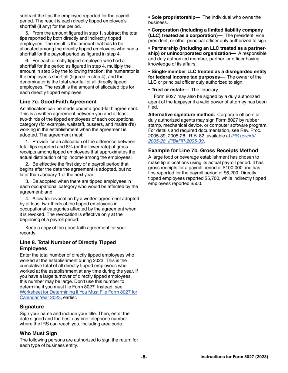 Instructions for IRS Form 8027 Employers Annual Information Return of Tip Income and Allocated Tips, Page 8