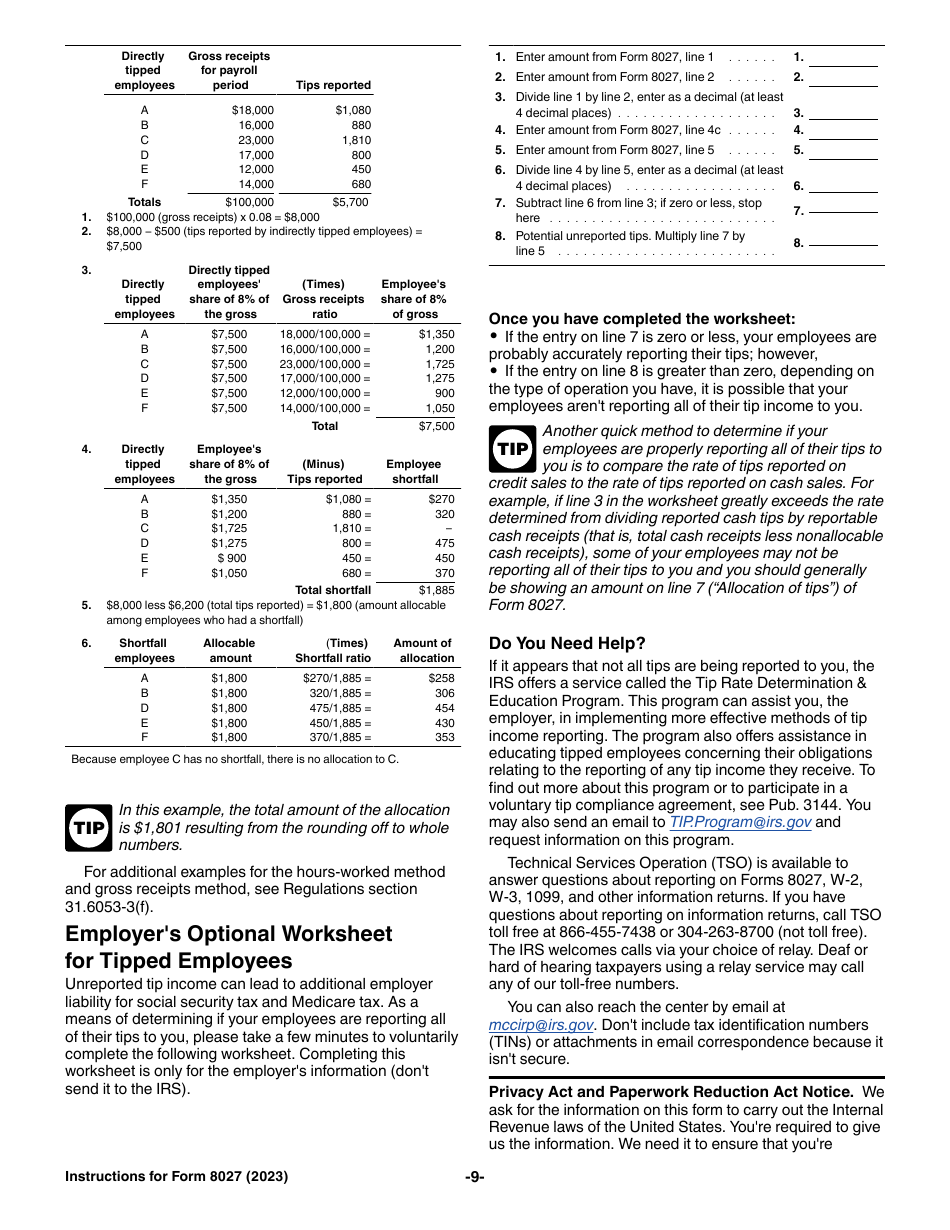 Instructions for IRS Form 8027 Employers Annual Information Return of Tip Income and Allocated Tips, Page 9
