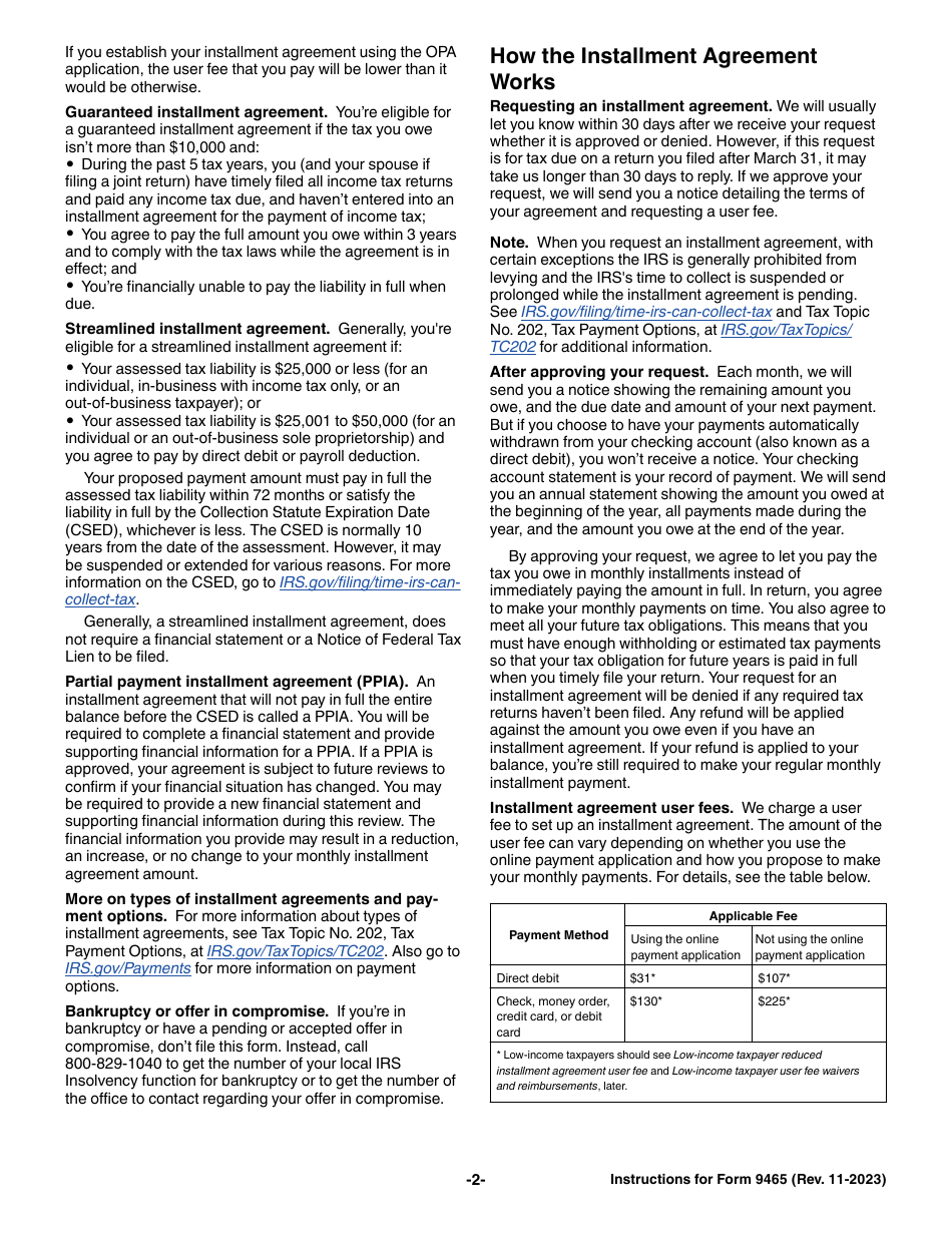 Instructions for IRS Form 9465 Installment Agreement Request, Page 2