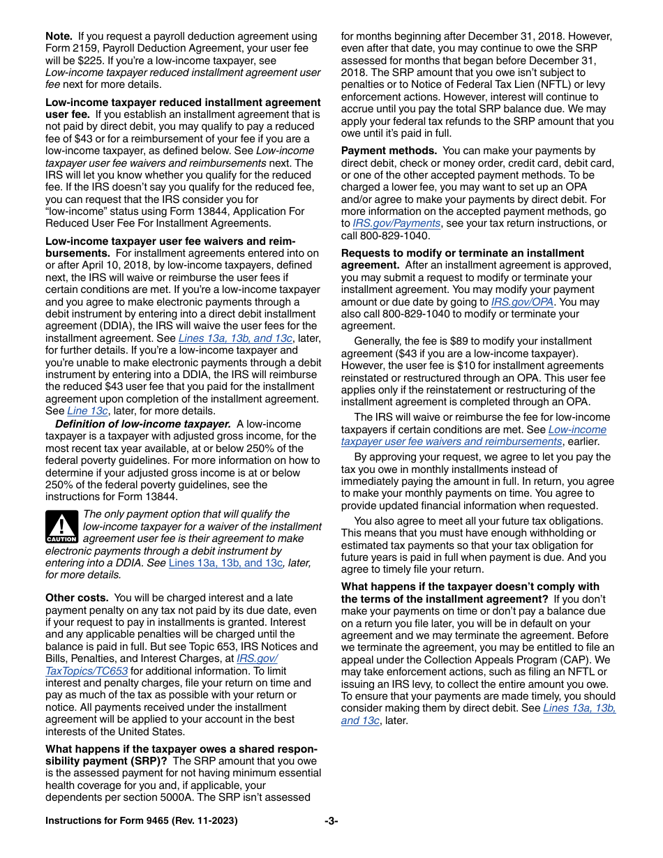 Instructions for IRS Form 9465 Installment Agreement Request, Page 3