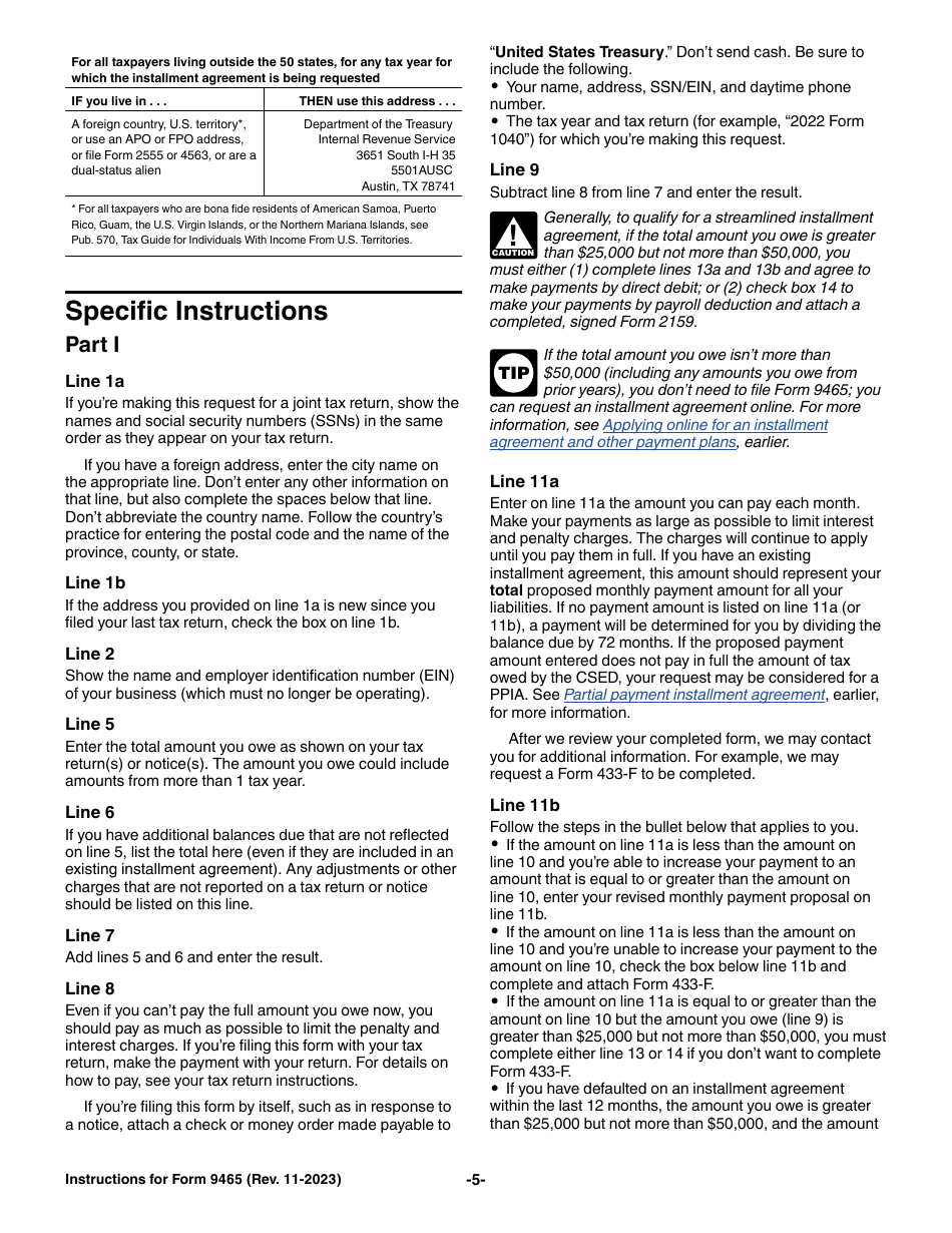 Instructions for IRS Form 9465 Installment Agreement Request, Page 5