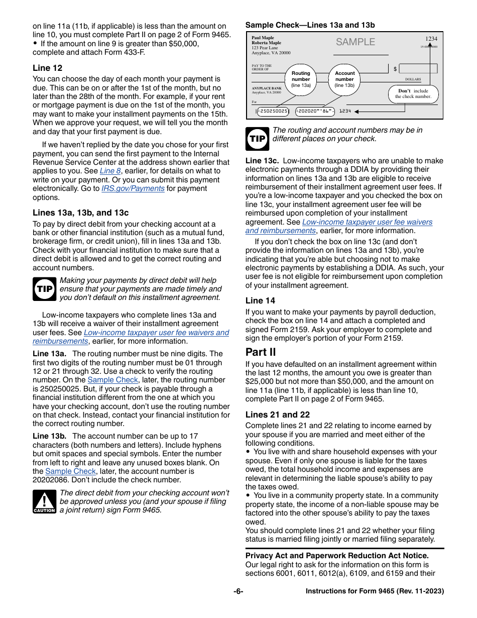 Instructions for IRS Form 9465 Installment Agreement Request, Page 6