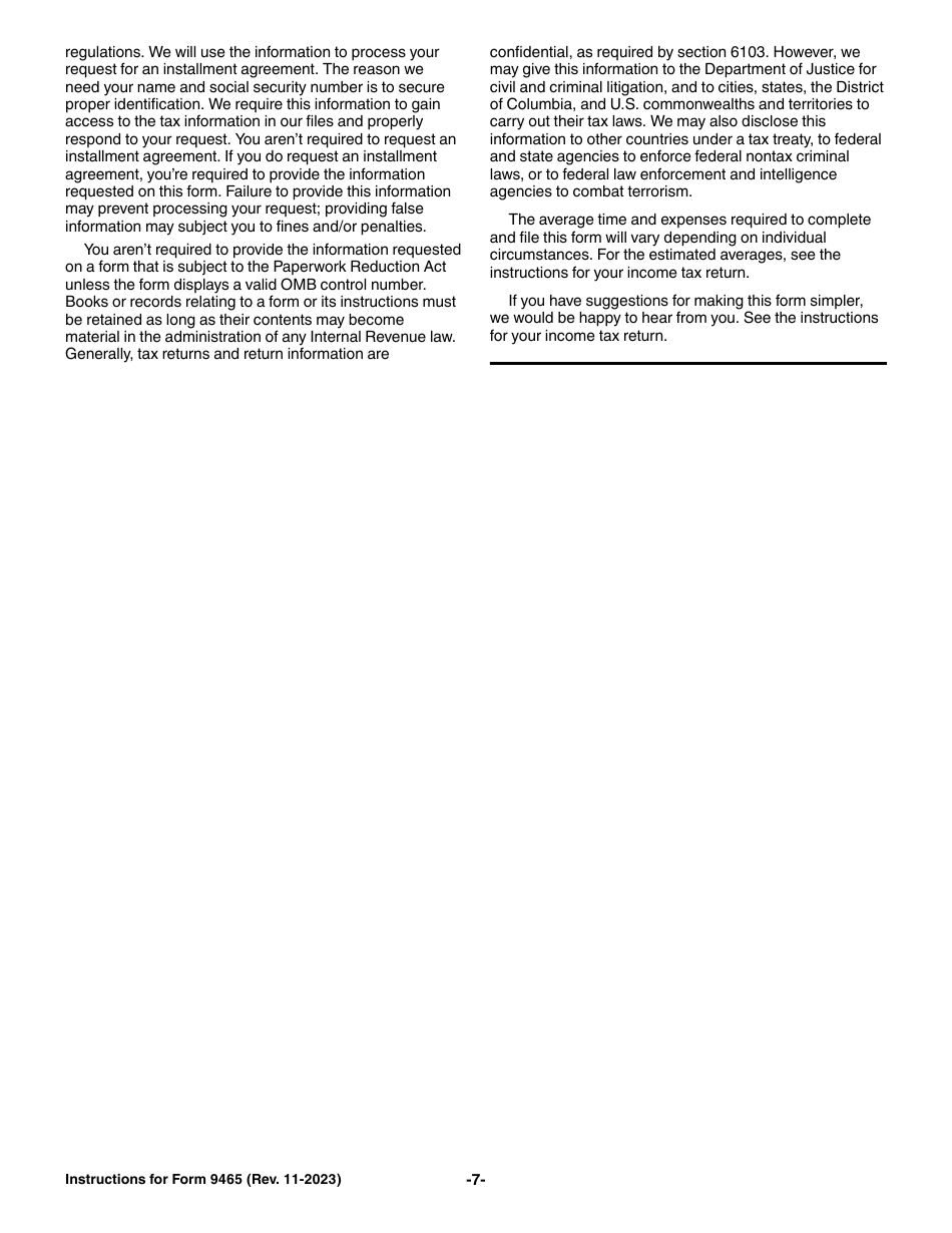 Instructions for IRS Form 9465 Installment Agreement Request, Page 7