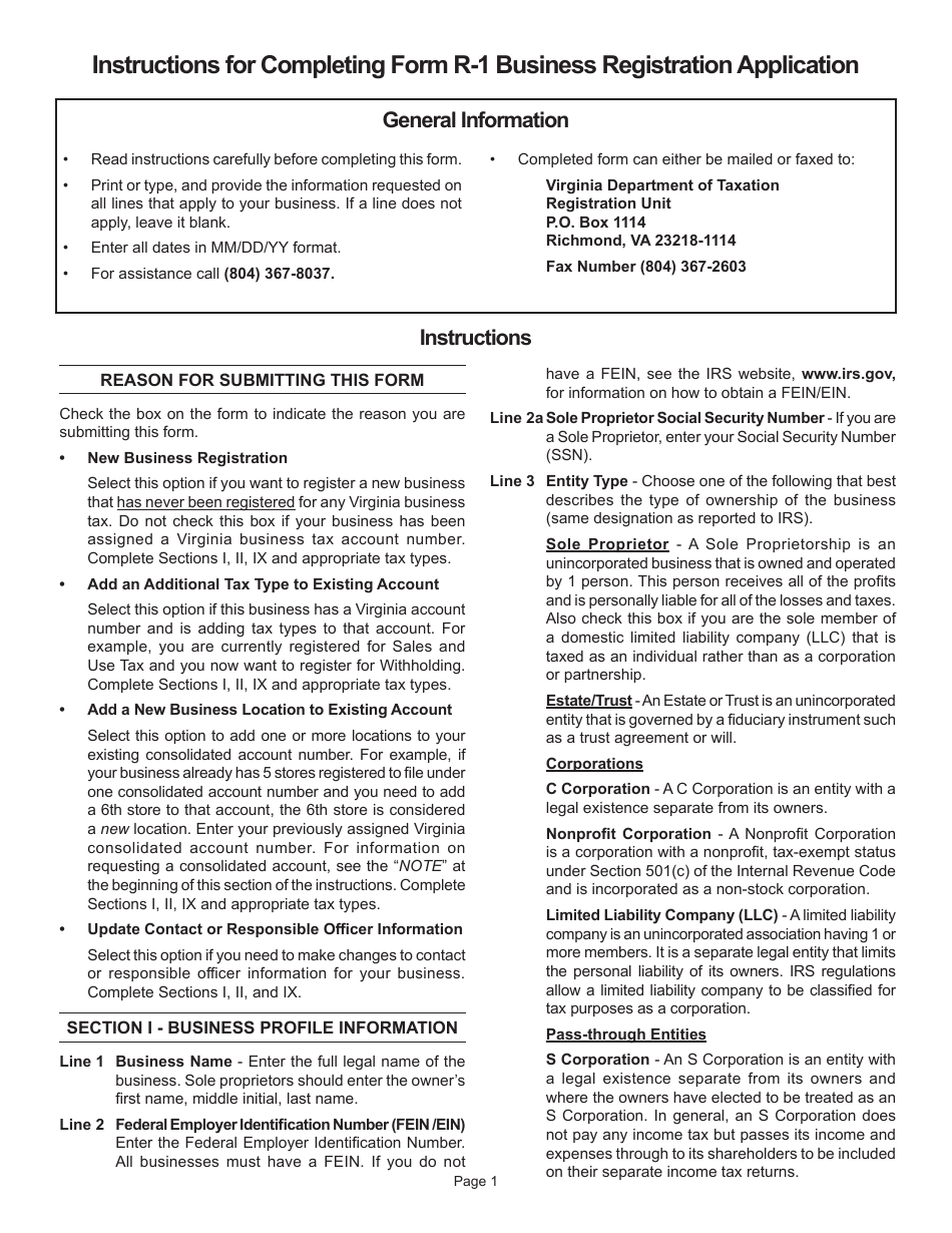 Instructions for Form R-1 Business Registration Form - Virginia, Page 2