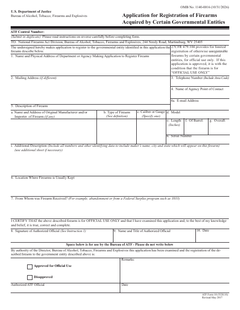 ATF Form 10 (5320.10) Application for Registration of Firearms Acquired by Certain Governmental Entities