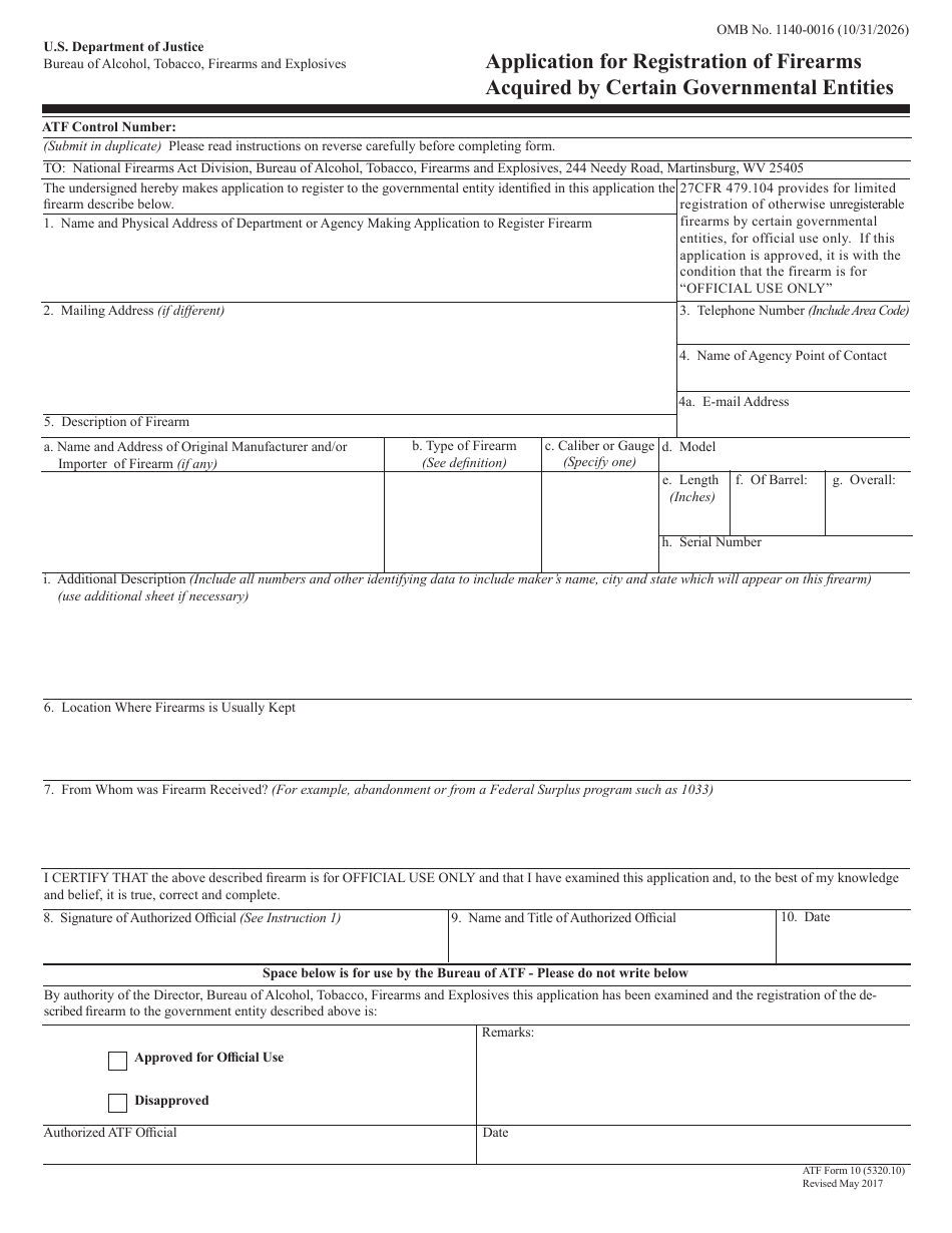 ATF Form 10 (5320.10) Application for Registration of Firearms Acquired by Certain Governmental Entities, Page 1