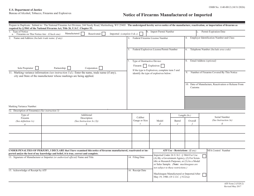 Form 2 (ATF Form 5320.2) Notice of Firearms Manufactured or Imported