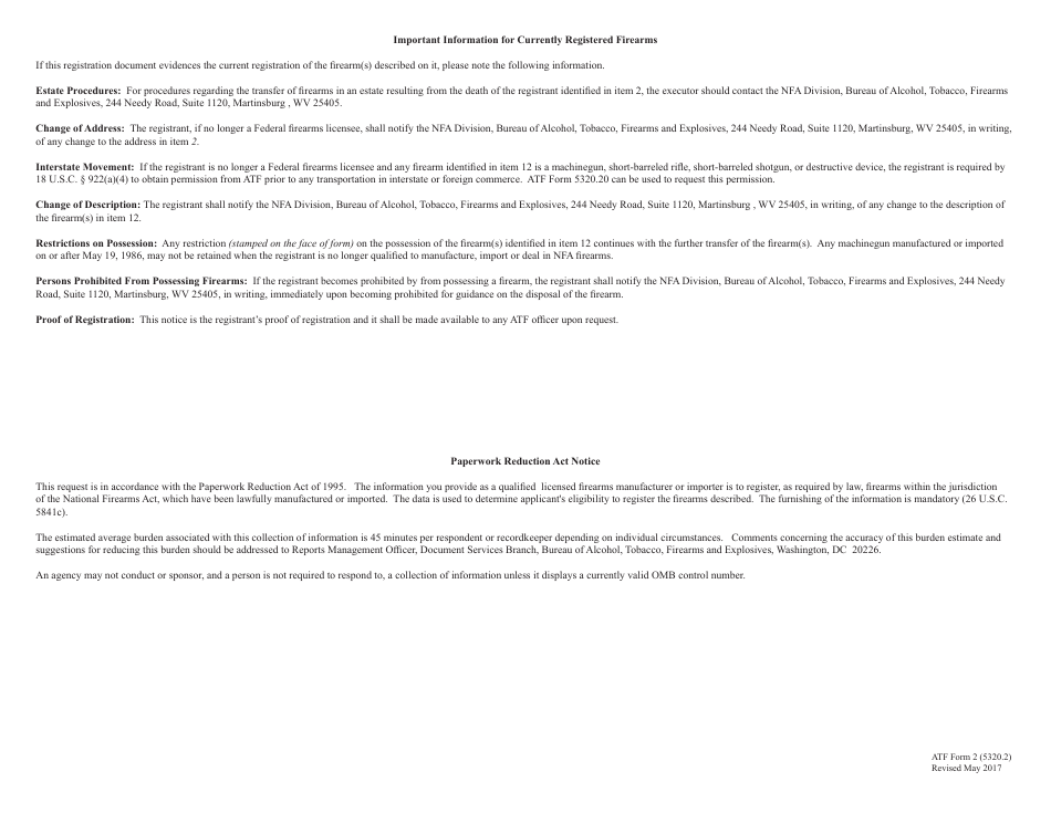 Form 2 (ATF Form 5320.2) Notice of Firearms Manufactured or Imported, Page 2