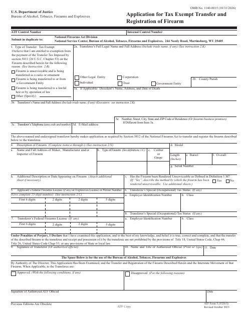 ATF Form 5 Application for Tax Exempt Transfer and Registration of Firearm