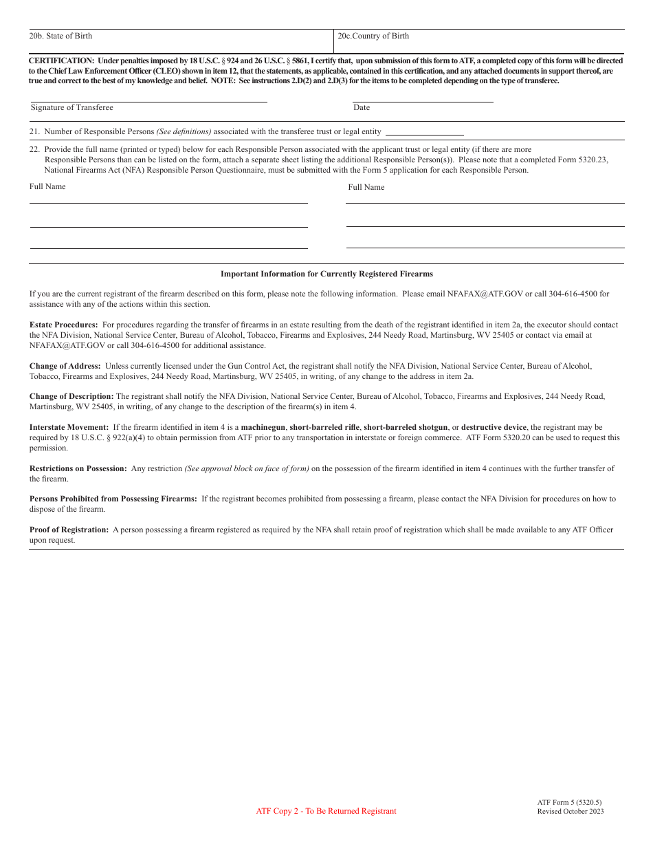 ATF Form 5 Application for Tax Exempt Transfer and Registration of Firearm, Page 10