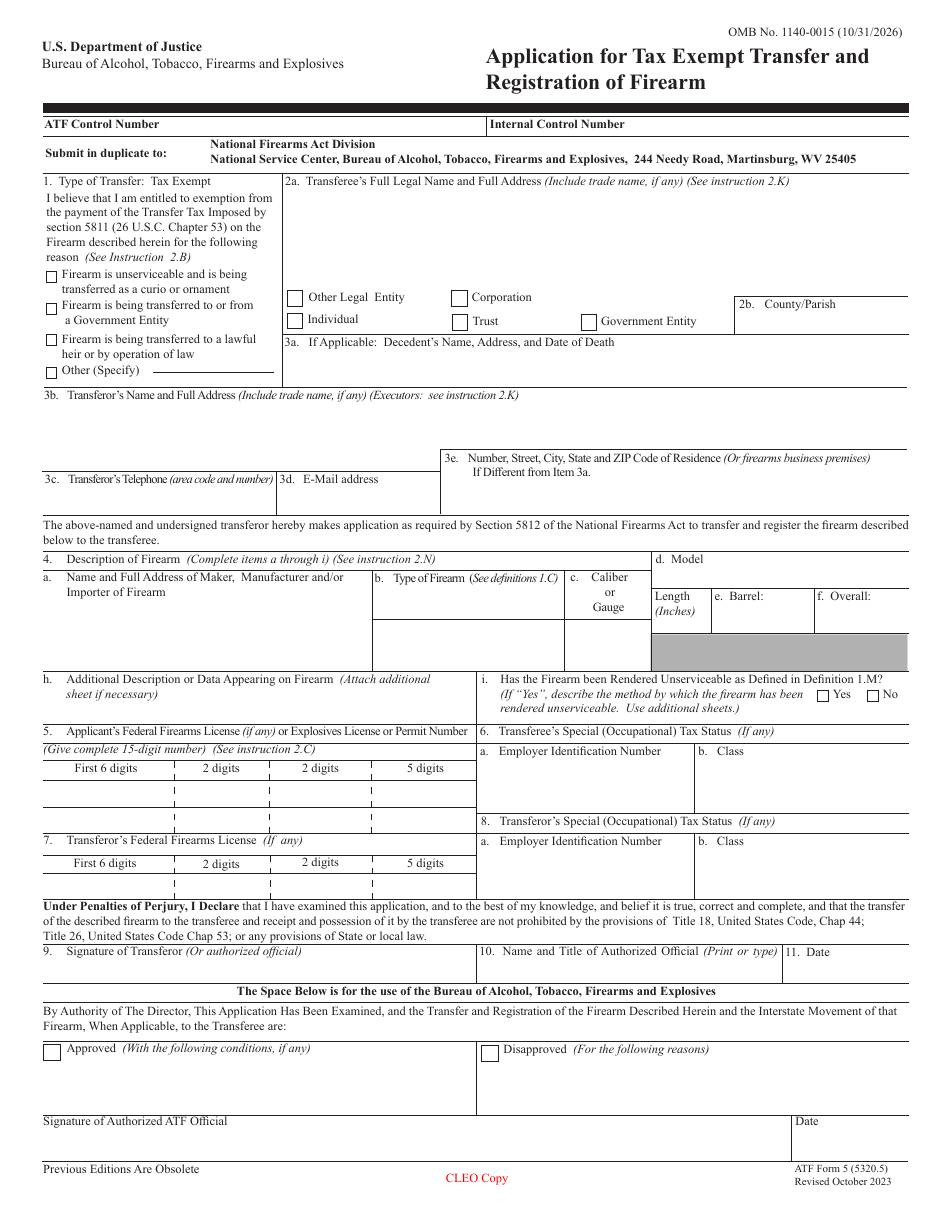 ATF Form 5 Application for Tax Exempt Transfer and Registration of Firearm, Page 11
