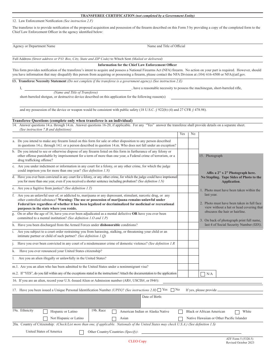 ATF Form 5 Application for Tax Exempt Transfer and Registration of Firearm, Page 12