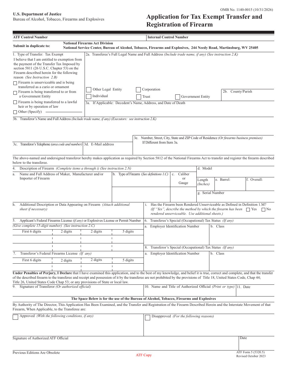 ATF Form 5 Application for Tax Exempt Transfer and Registration of Firearm, Page 1