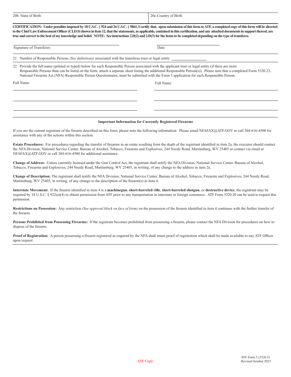 ATF Form 5 Application for Tax Exempt Transfer and Registration of Firearm, Page 3