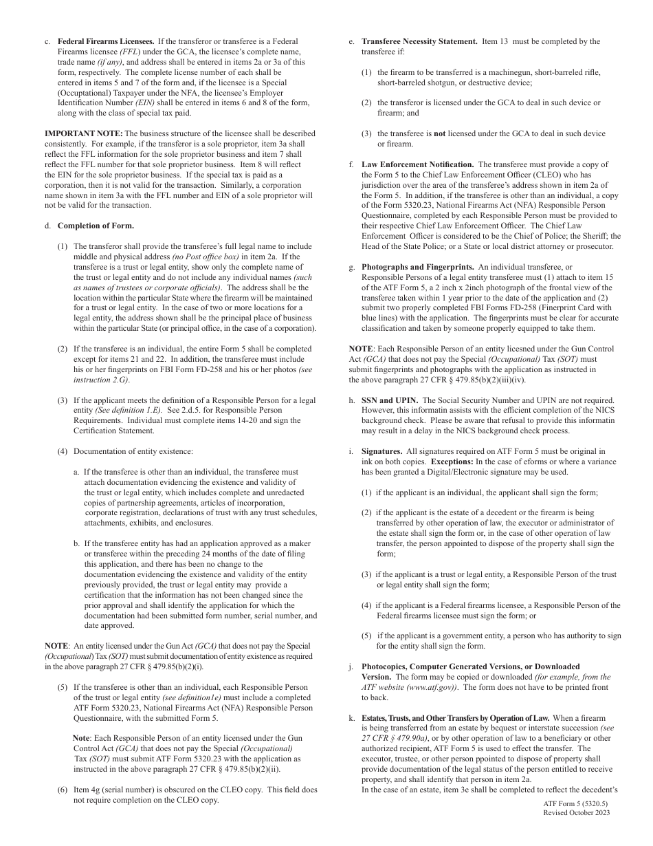 ATF Form 5 Application for Tax Exempt Transfer and Registration of Firearm, Page 6