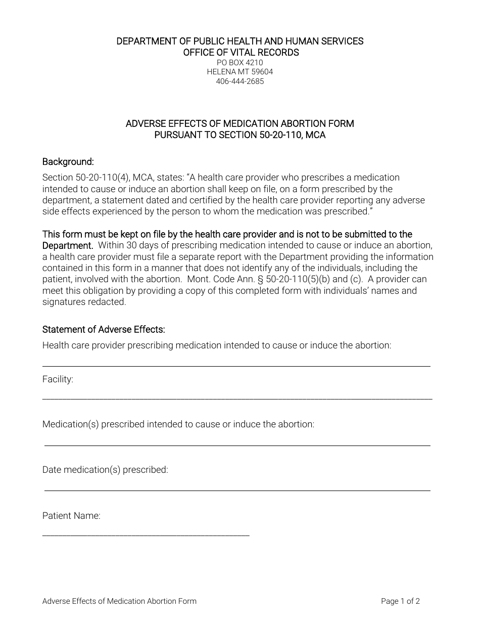 Adverse Effects of Medication Abortion Form - Montana, Page 1