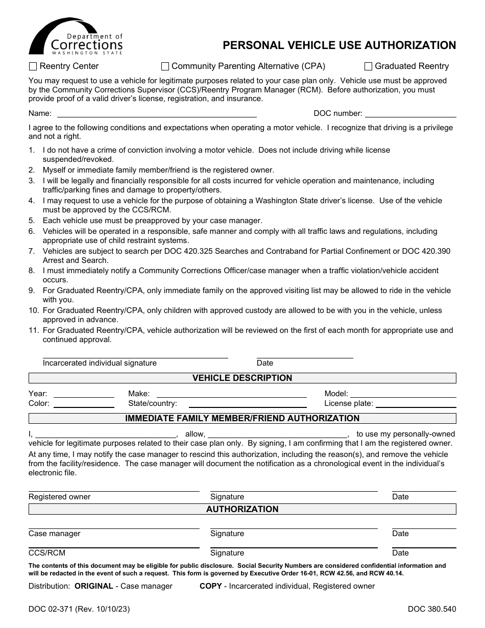 Form DOC02-371 Personal Vehicle Use Authorization - Washington, Page 1