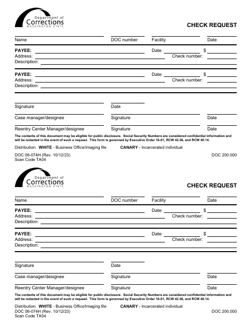Form DOC06-074H Check Request (Half Sheet) - Washington