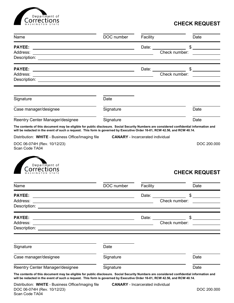 Form DOC06-074H Check Request (Half Sheet) - Washington, Page 1