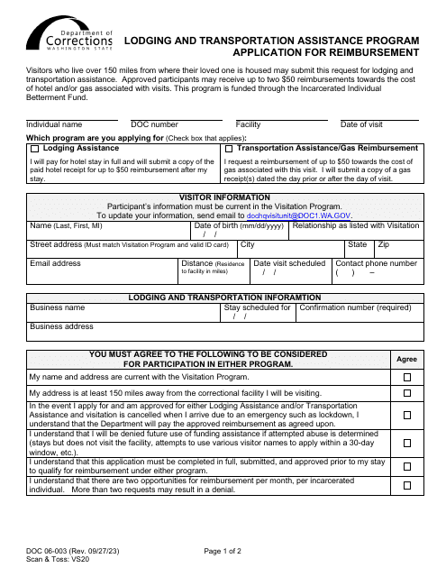 Form DOC06-003 Application for Reimbursement - Lodging and Transportation Assistance Program - Washington