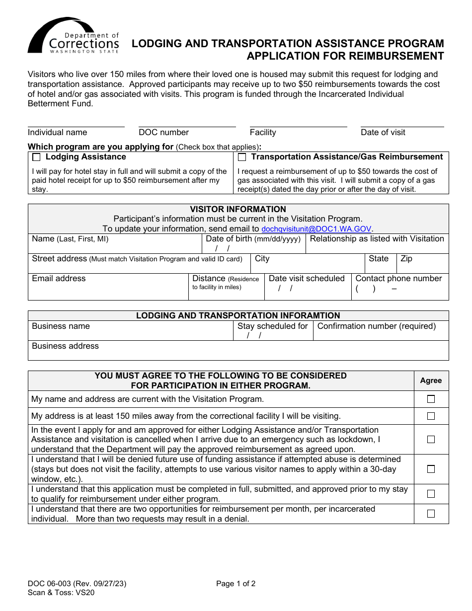 Form DOC06-003 Application for Reimbursement - Lodging and Transportation Assistance Program - Washington, Page 1