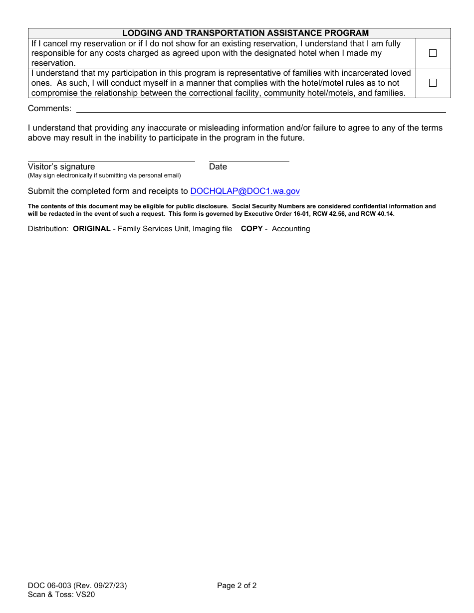 Form DOC06-003 Application for Reimbursement - Lodging and Transportation Assistance Program - Washington, Page 2