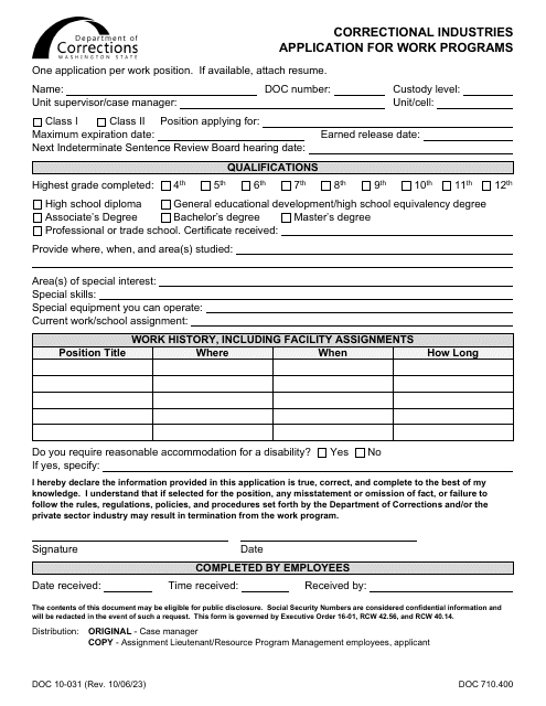 Form DOC10-031  Printable Pdf