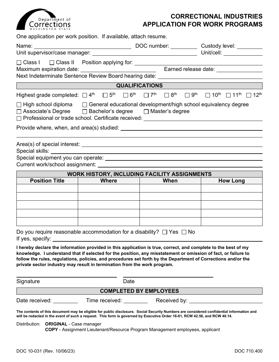 Form DOC10-031 Correctional Industries Application for Work Programs - Washington, Page 1