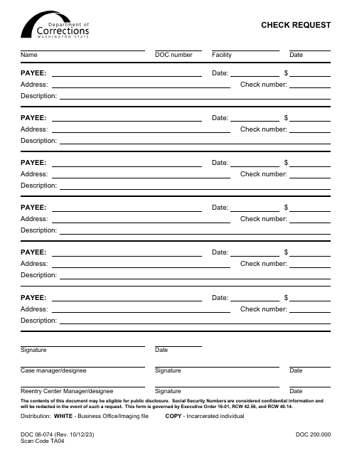 Form DOC06-074 Check Request - Washington