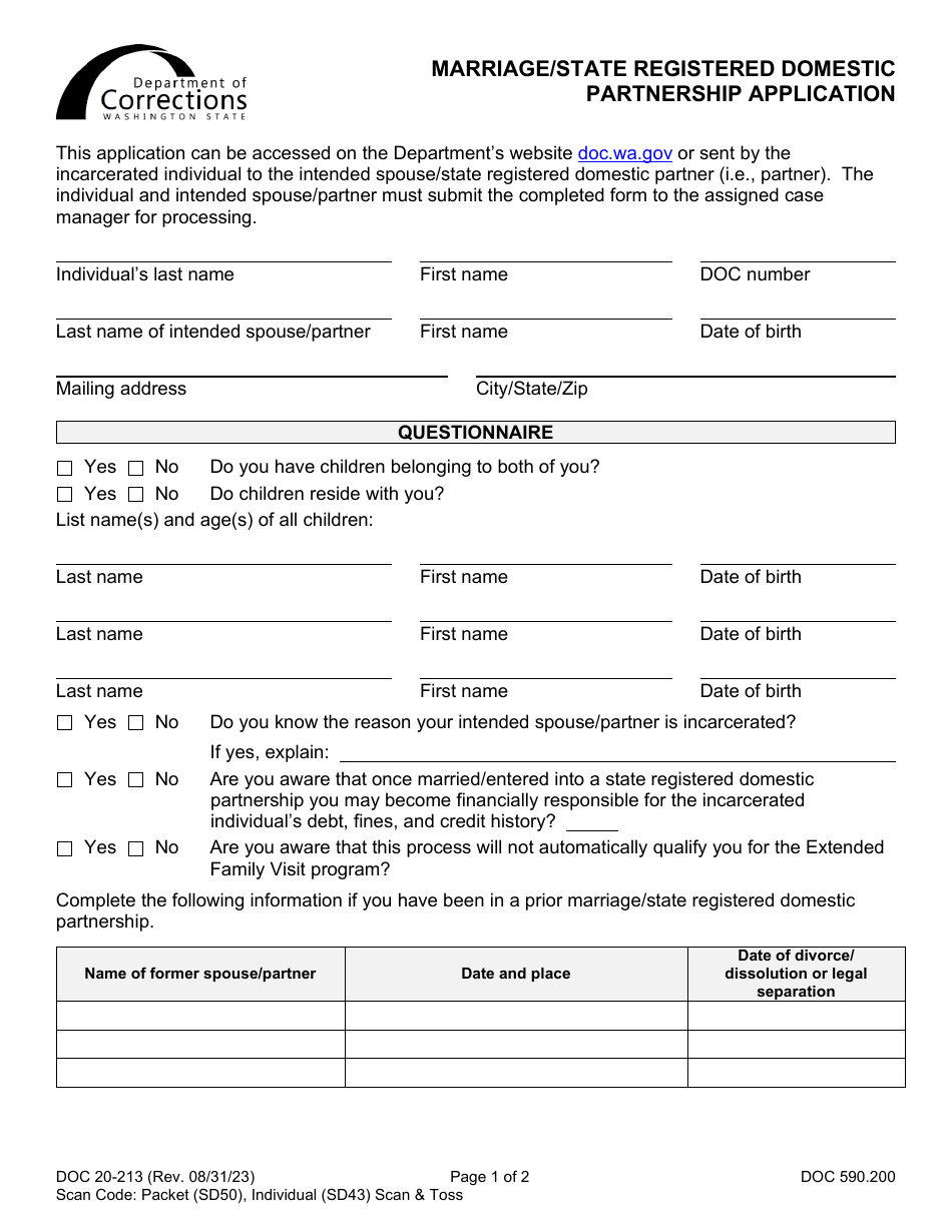 Form DOC20-213 Marriage / State Registered Domestic Partnership Application - Washington, Page 1