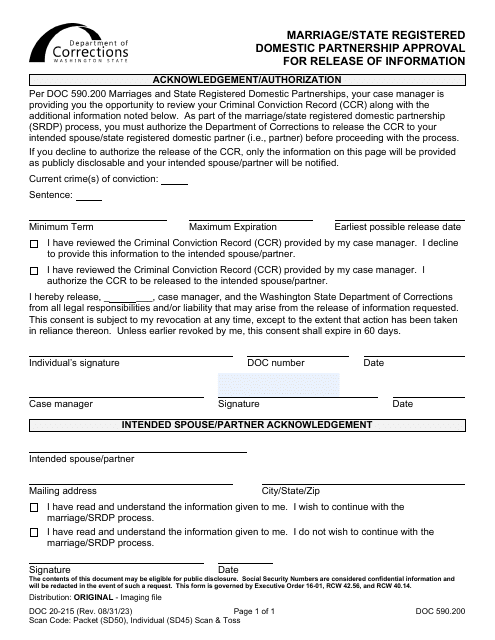 Form DOC20-215 Marriage/State Registered Domestic Partnership Approval Release of Information - Washington