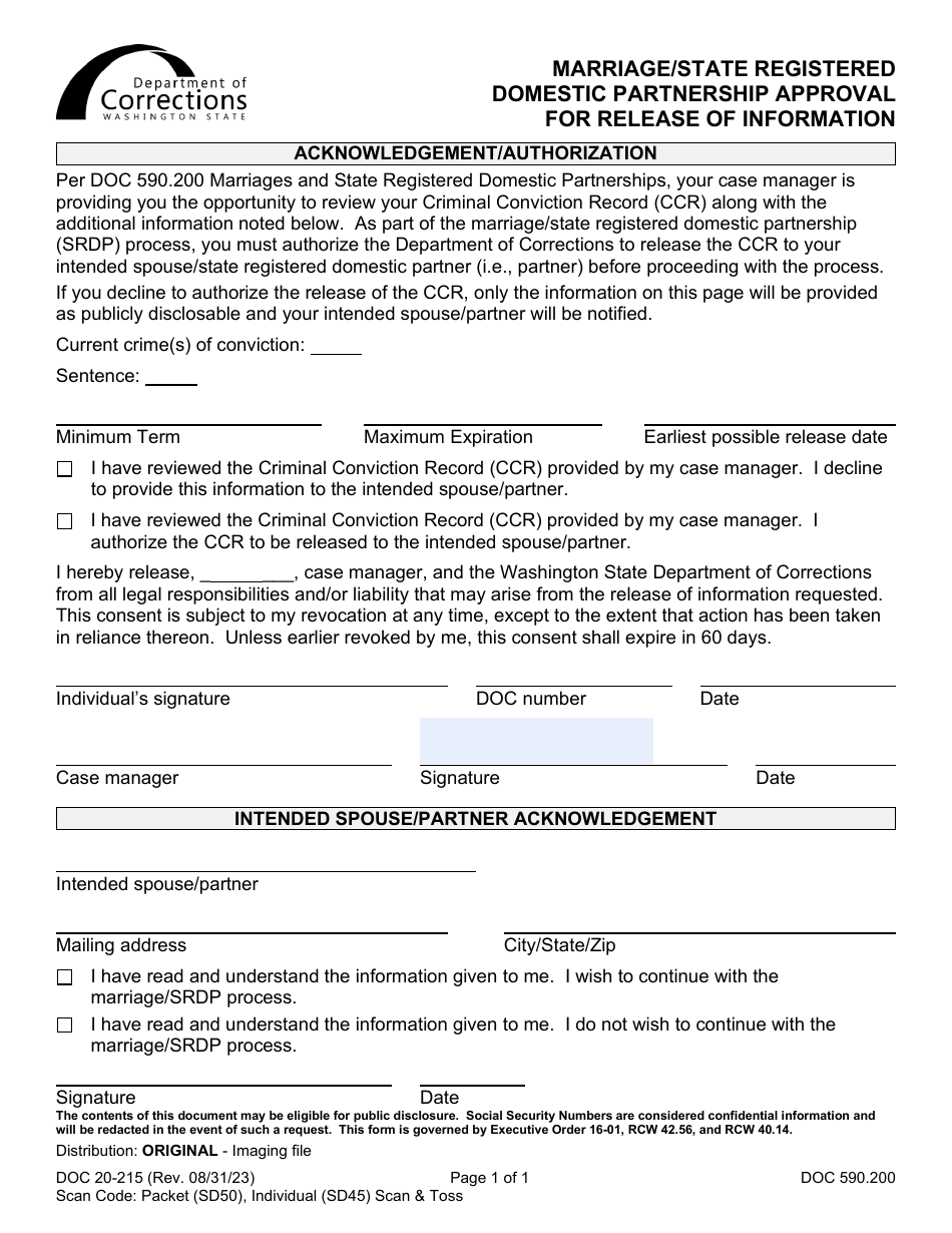 Form DOC20-215 Marriage / State Registered Domestic Partnership Approval Release of Information - Washington, Page 1