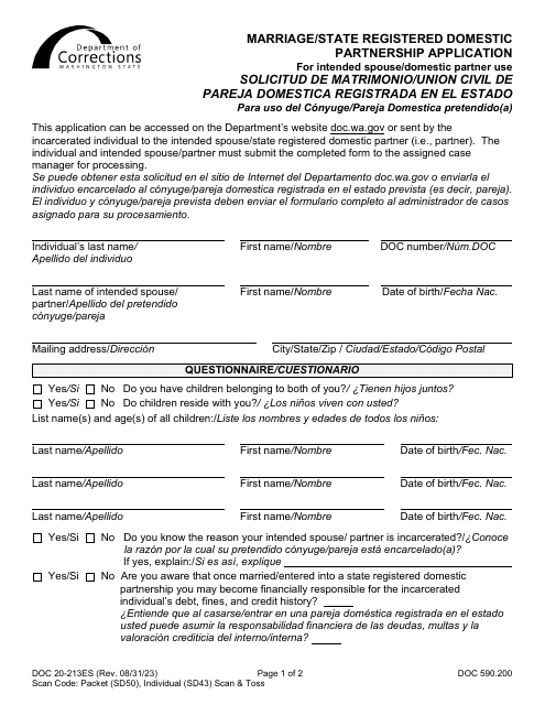 Form DOC20-213ES Marriage/State Registered Domestic Partnership Application for Intended Spouse/Domestic Partner Use - Washington (English/Spanish)