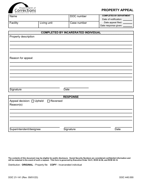 Form DOC21-141 Property Appeal - Washington