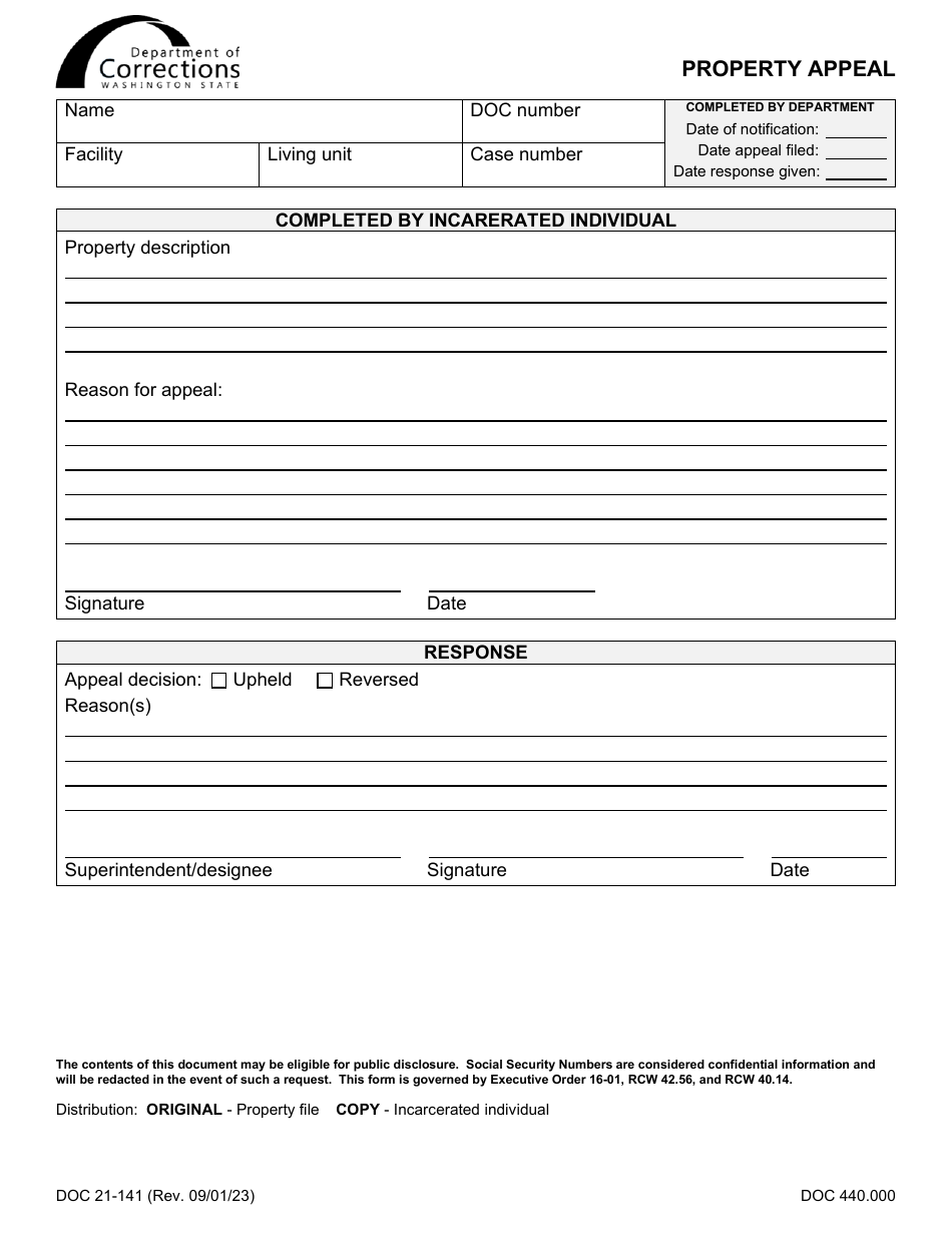 Form DOC21-141 Property Appeal - Washington, Page 1