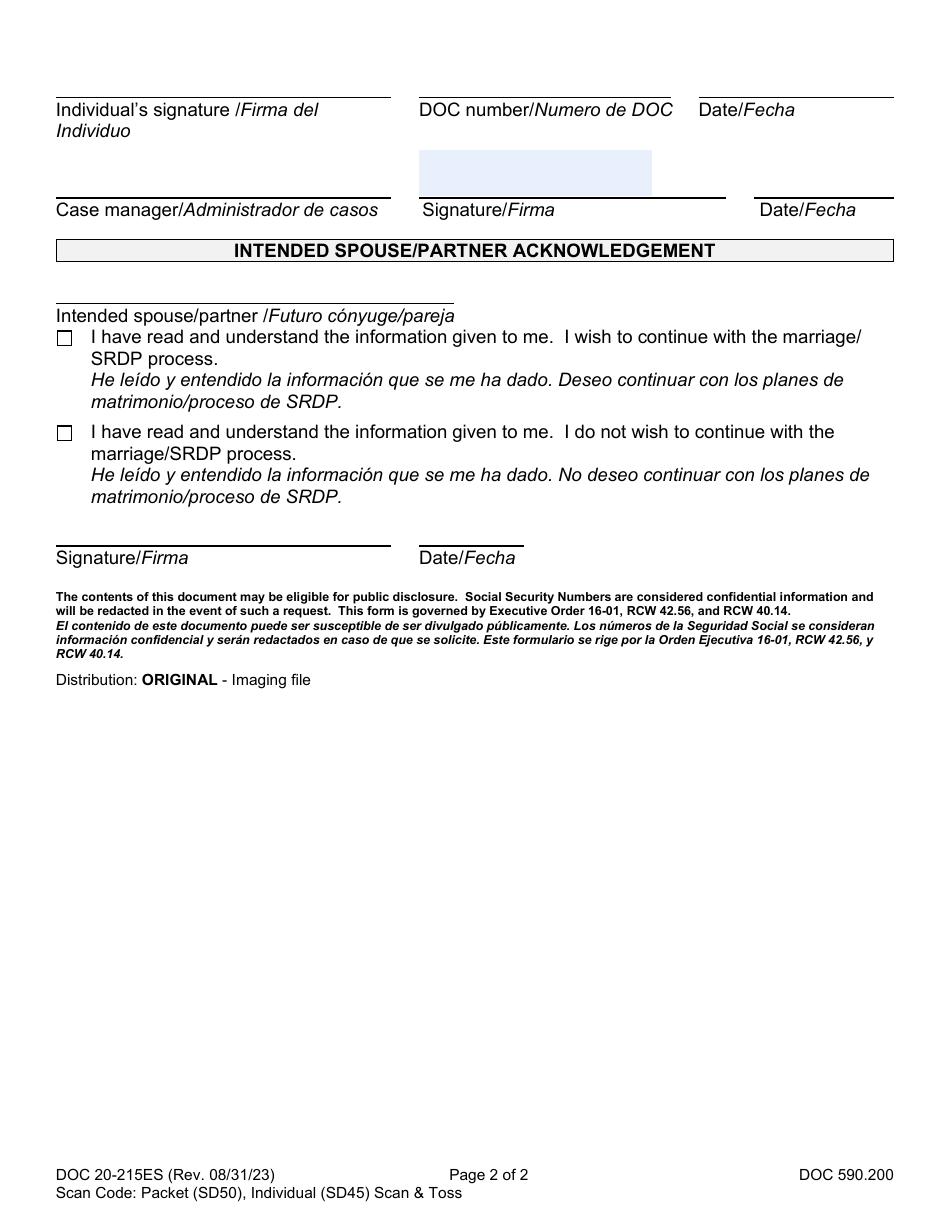 Form DOC20-215ES Marriage / State Registered Domestic Partnership Approval for Release of Information - Washington (English / Spanish), Page 2