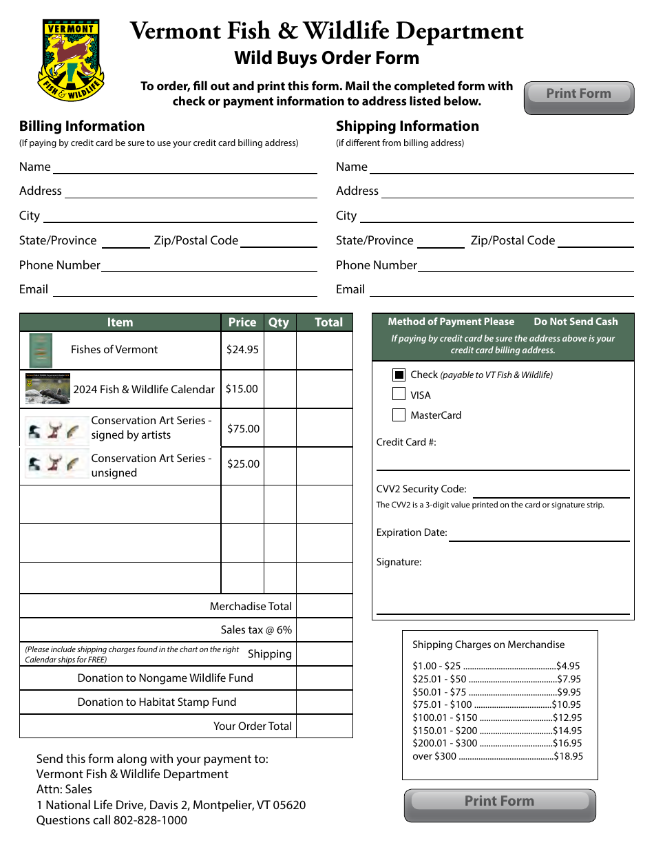 Wild Buys Order Form - Vermont, Page 1