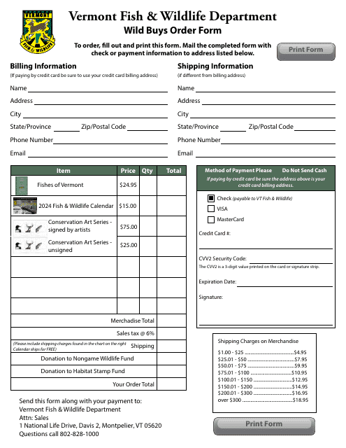 Wild Buys Order Form - Vermont, 2024