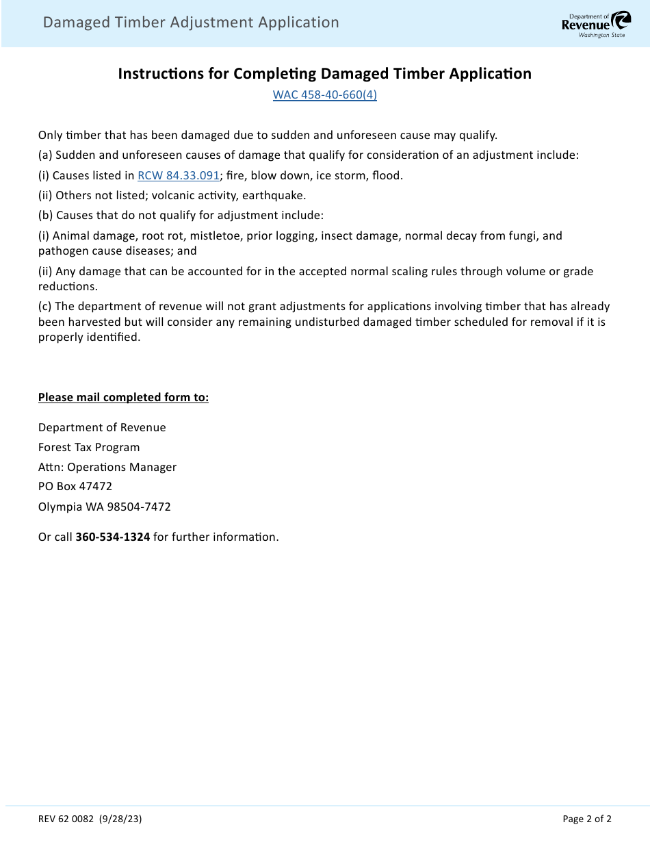 Form REV62 0082 Damaged Timber Adjustment Application - Washington, Page 2